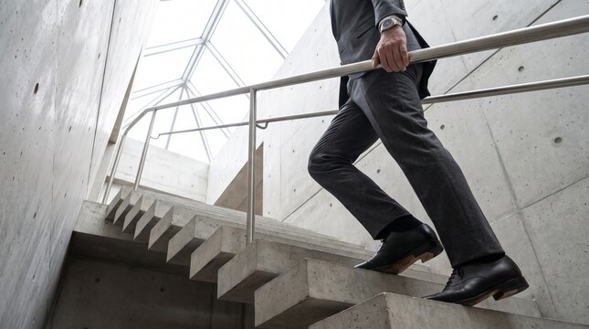 Businessman in a grey suit walking up modern concrete stairs, interior architecture, corporate career progression, low angle view