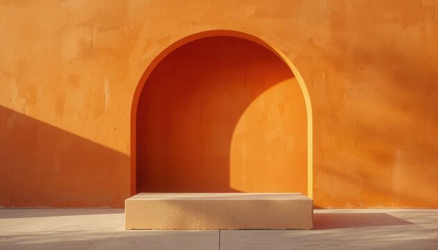 Minimalist Archway Display: An empty, warm orange arched niche with a simple pedestal presents a minimalist stage, bathed in dramatic natural light and shadow.