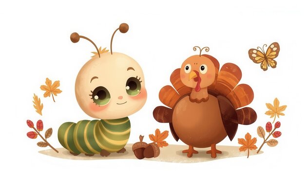 Autumn Friends: A charming caterpillar and a friendly turkey share a moment amidst falling autumn leaves and a whimsical butterfly, embodying the spirit of the season.