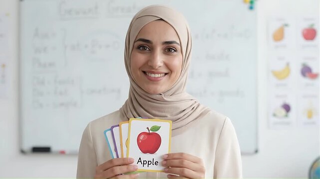 Woman in hijab showing educational apple flashcards in a classroom