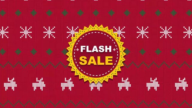 Festive Christmas sale announcement featuring a decorative holiday sweater pattern background