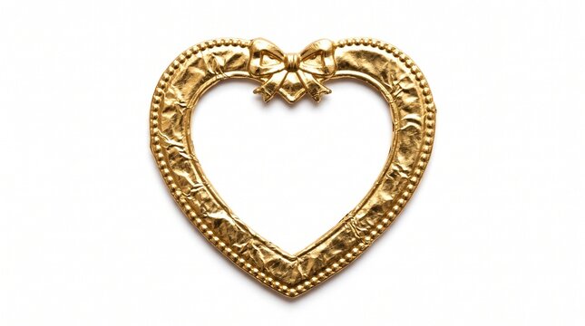 An ornate, golden heart-shaped frame with intricate detailing sits on a clean white surface, symbolizing love and precious memories.