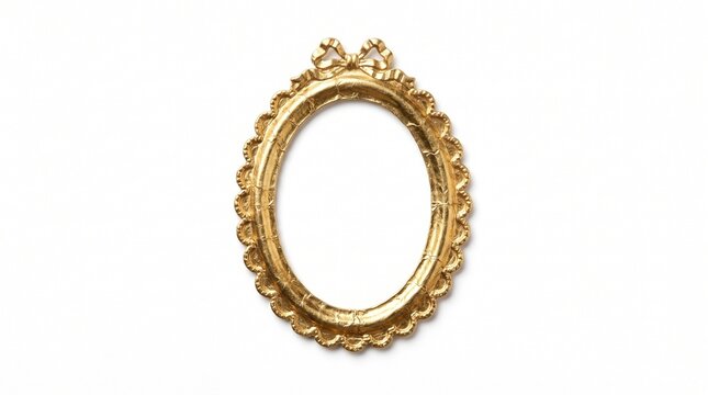 An ornate antique golden picture frame, detailed with a delicate bow at the top, rests against a stark white background, ready to hold a cherished memory.