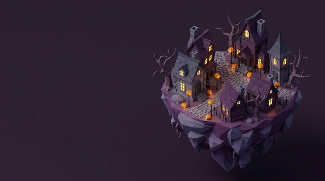 Halloween floating island with spooky houses and glowing windows on dark purple background featuring miniature village scene for seasonal holiday greeting card or digital web 