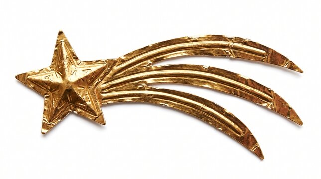 A radiant golden shooting star, with a distinct five-pointed celestial body and trailing luminous arcs, arcs across the frame, symbolizing hope and auspicious beginnings.