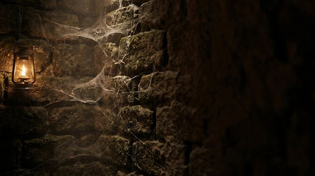 Halloween lantern glowing on dark stone wall covered in thick spider webs creating spooky atmosphere for seasonal holiday background with dim warm light and shadows