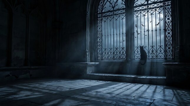Black cat sitting on a stone ledge before a gothic window with iron bars during a dark halloween night with moonlight streaming into the empty room