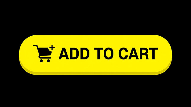 Yellow rounded button with the text ADD TO CART and a shopping cart icon isolated on a black background