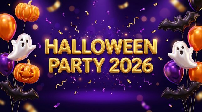 Halloween party 2026 text with gold balloons surrounded by orange pumpkins white ghosts black bats and purple confetti on a dark festive background for holiday celebration