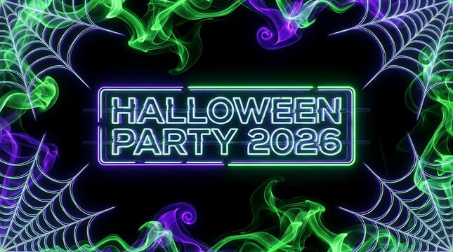 Halloween party 2026 neon sign with glowing green and purple smoke plus white spider web corners on a black background for holiday event invitation or poster