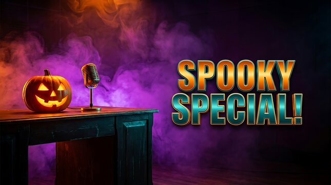 Spooky Special text with glowing jack o lantern pumpkin and vintage microphone on wooden table against dark purple smoke background for halloween party event promotional banner