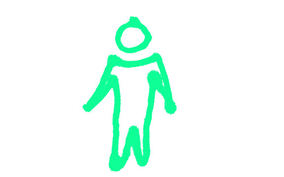 Green stick figure illustration, hand-drawn person doodle on white background, minimalist human outline sketch, simple character icon