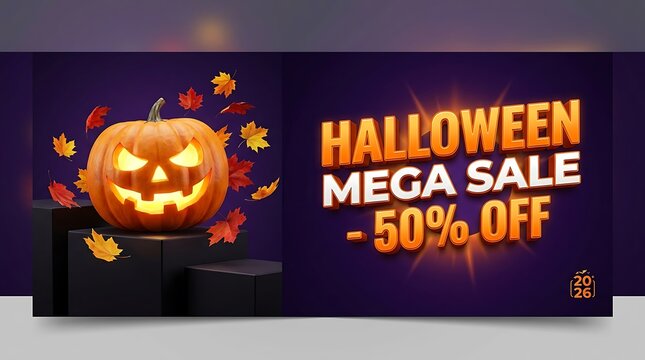Halloween mega sale 50 percent off banner with glowing jack o lantern pumpkin and autumn leaves on dark purple background for retail marketing promotion and seasonal shopping