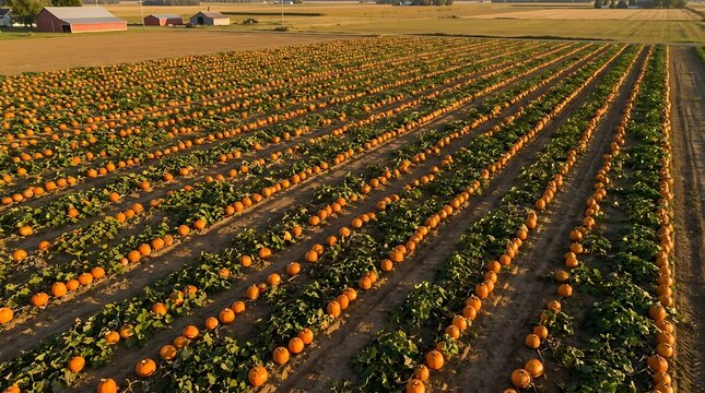 Aerial view of orange pumpkins growing in rows on a large farm field during autumn harvest season for Halloween preparation under bright natural golden hour sunlight