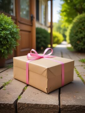A delivery package with a pink ribbon on the doorstep