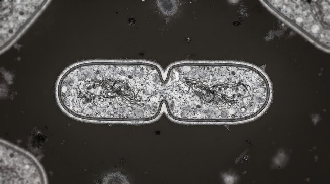 Bacterium cell undergoing binary fission under electron microscope