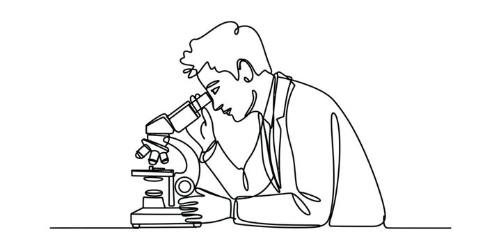 Continuous single line drawing of a scientist looking through a microscope in a laboratory