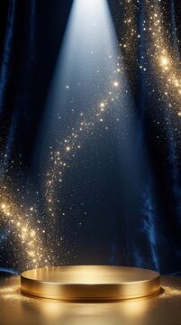 Golden podium stands under bright spotlight on dark blue background. Glitter particles fall from top like magic dust. Luxury stage with sparkling lights creates festive atmosphere for award ceremony,