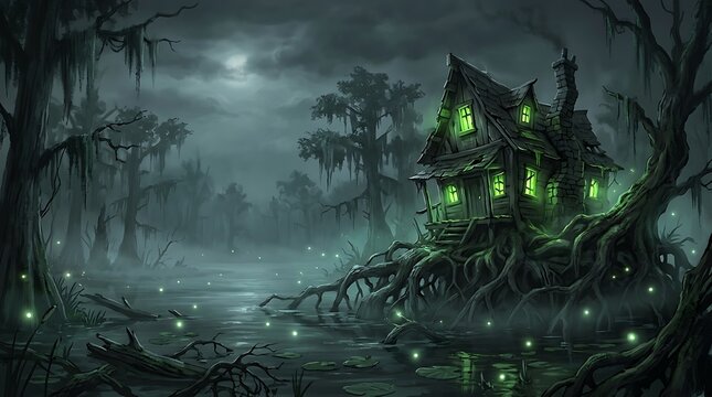 Halloween haunted house with glowing green windows in a dark misty swamp landscape featuring gnarled trees and fireflies under a full moon for a spooky atmospheric holiday background