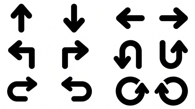 Direction icon set. U turn arrow icon set. Go straight, this way, one way only U turn, left and right arrow icons. Vector illustration.