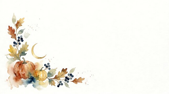 Watercolor Halloween corner border with orange pumpkin crescent moon dark berries and autumn leaves on white background for seasonal greeting card invitation or festive social m...