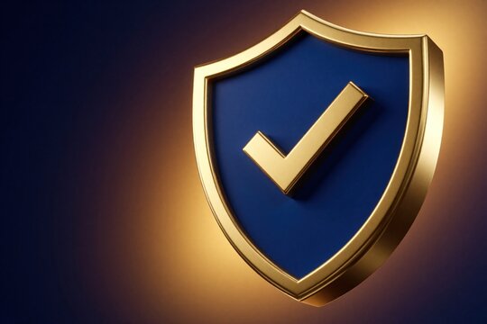 Blue shield icon with gold border, checkmark symbol. 3D render of security badge for safety, protection. Reliable verification sign represents data guard, cyber privacy, trusted system. Premium