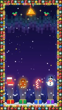 A vertical pixel art background for Christmas featuring falling snow a festive border holiday icons like snowman and presents and a glowing bell.