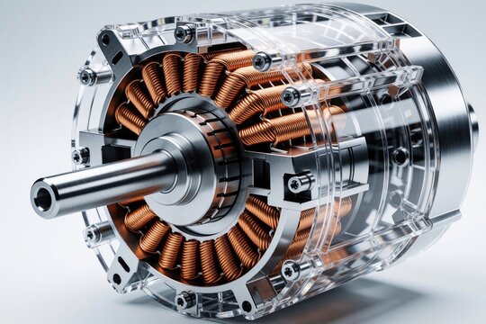 Close up 3D render of electric motor with cutaway view. Copper coils, rotor parts visible inside clear casing. Mechanical engineering component shows stator windings, metal shaft for industrial tech