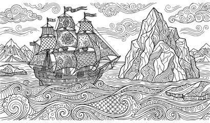 Detailed Pirate Style Sailing Ship Surrounded by Jagged Ocean Rocks and Decorative Waves in Nautical Coloring Book Illustration © Ziten