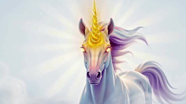 Majestic Unicorn with Glowing Horn Stands Poised in Heavenly Cloudscape Cinematic Fantasy Animation