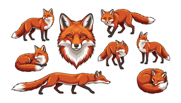 Red fox vectors set. Wild foxes standing, curling up, stalking, sleeping and detailed face portrait.