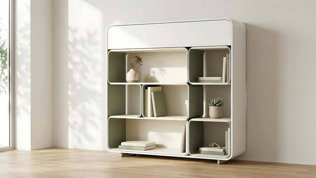 Minimalist Modern Bookshelf with Rounded Edges and Sage Green Interior, Stylish Scandinavian Style Cabinet with Books and Plants in Sunlit Living Room Interior Design Mockup
