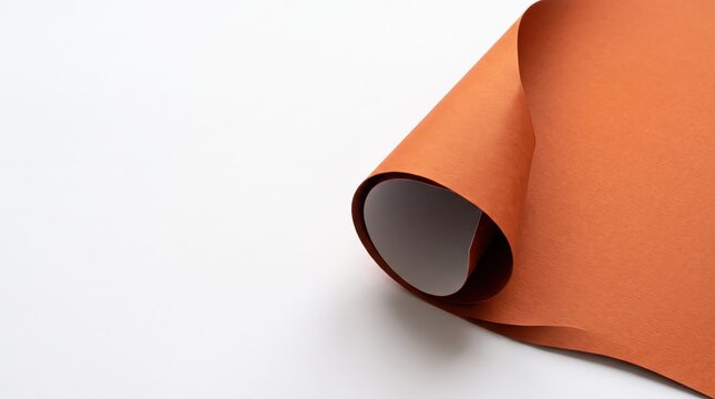 Close-up of rolled orange sandpaper sheet on white surface, abrasive material texture detail, construction tool component for woodworking and metal grinding applications, high