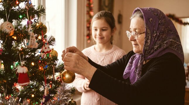 Grandmother and granddaughter admiring a vintage ornament on a decorated christmas tree