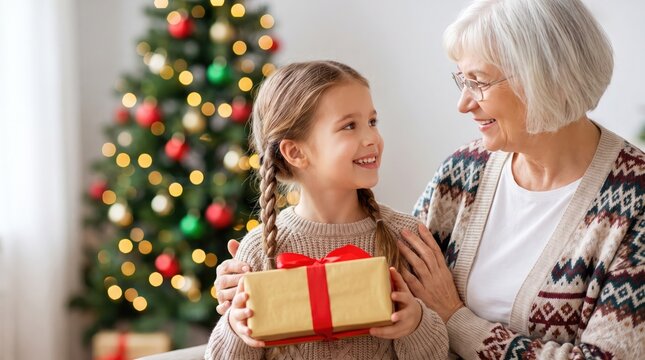 Grandmother and granddaughter exchanging gifts in front of a decorated christmas tree