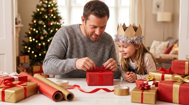 Father and daughter wrapping christmas gifts together in a cozy living room