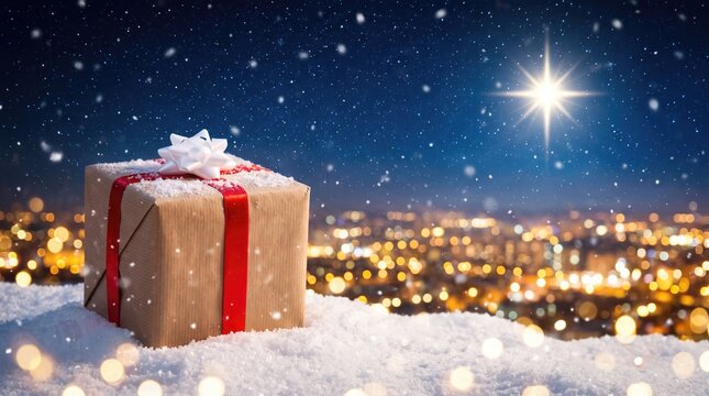 Festive gift box sits in snow with a sparkling city skyline in the background