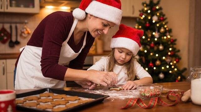 Mother and daughter decorating christmas cookies together in a cozy kitchen setting