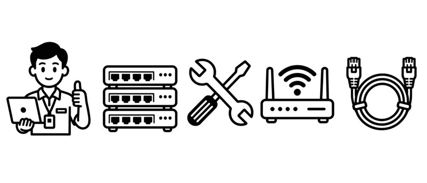 Black line icon set showing a computer support technician holding a laptop and giving a thumbs up alongside stacked network devices crossed repair tools a wireless router and a coiled cable