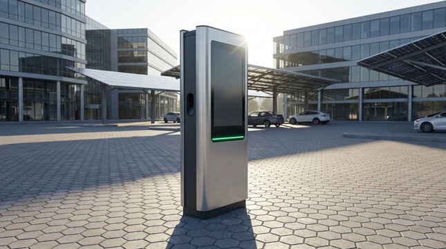 Blank fast EV charging station monolith in brushed anodized aluminum with blank dark glass display panel in modern corporate plaza at morning
