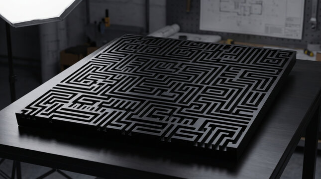 Blank acoustic metamaterial sound barrier panel mockup machined from solid matte black anodized aluminum with labyrinthine fractal surface geometry