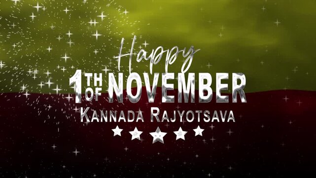 Kannada rajyotsava animated greeting banner featuring vibrant red and yellow backgrounds, stars, glitter, ideal for festive celebrations, social media, and invitations.