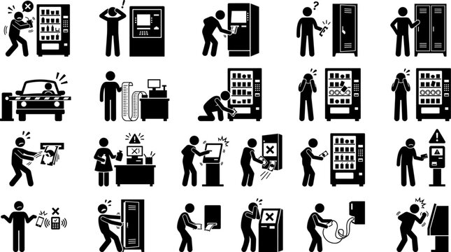 Set of stick figure icons depicting people experiencing various technical problems