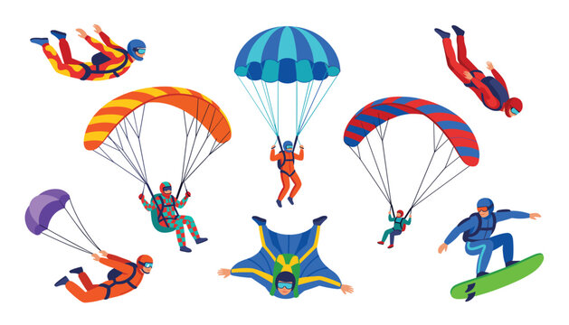 Flat minimalist vector illustration collection of skydivers parachuting wingsuit flying and extreme air sports isolated on white background