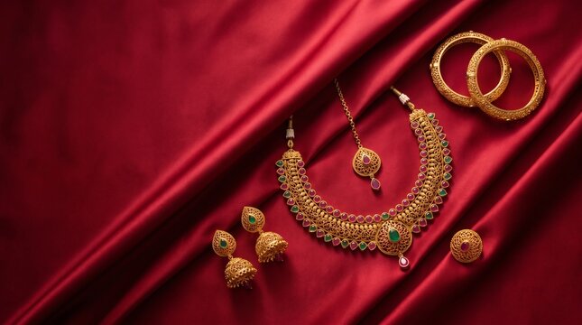 Traditional indian gold jewelry set with bangles and ring on red silk