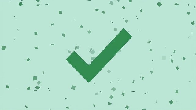 Dark green squares flying and forming QR code that turns into green check mark on mint background, successful scan and verification animation