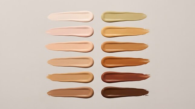 Set of liquid foundation makeup swatches showing many different skin tones and shades for beauty care. foundation shade chart