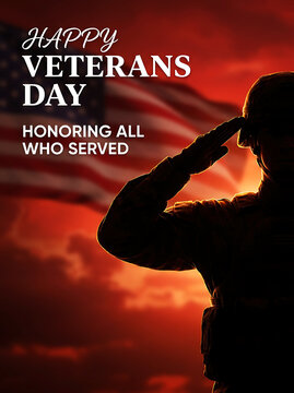 Happy Veterans Day poster honoring all who served with soldier silhouette