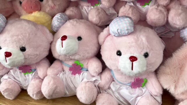 Assorted pink teddy bear plush toys organized in a row on a wooden shelf background. A front-facing close-up shot showcasing cute stuffed animals wearing white skirts, chef hats, and flower decoration