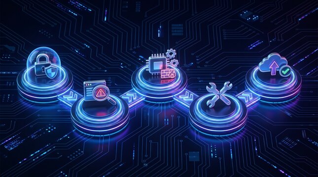 Cybersecurity technology infographic with glowing icons for data protection, threat detection, system maintenance, and cloud security.